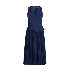 NEW, Kay Unger Stretch Crepe Pleated Midi-Dress in Navy Size 18 #MD1103